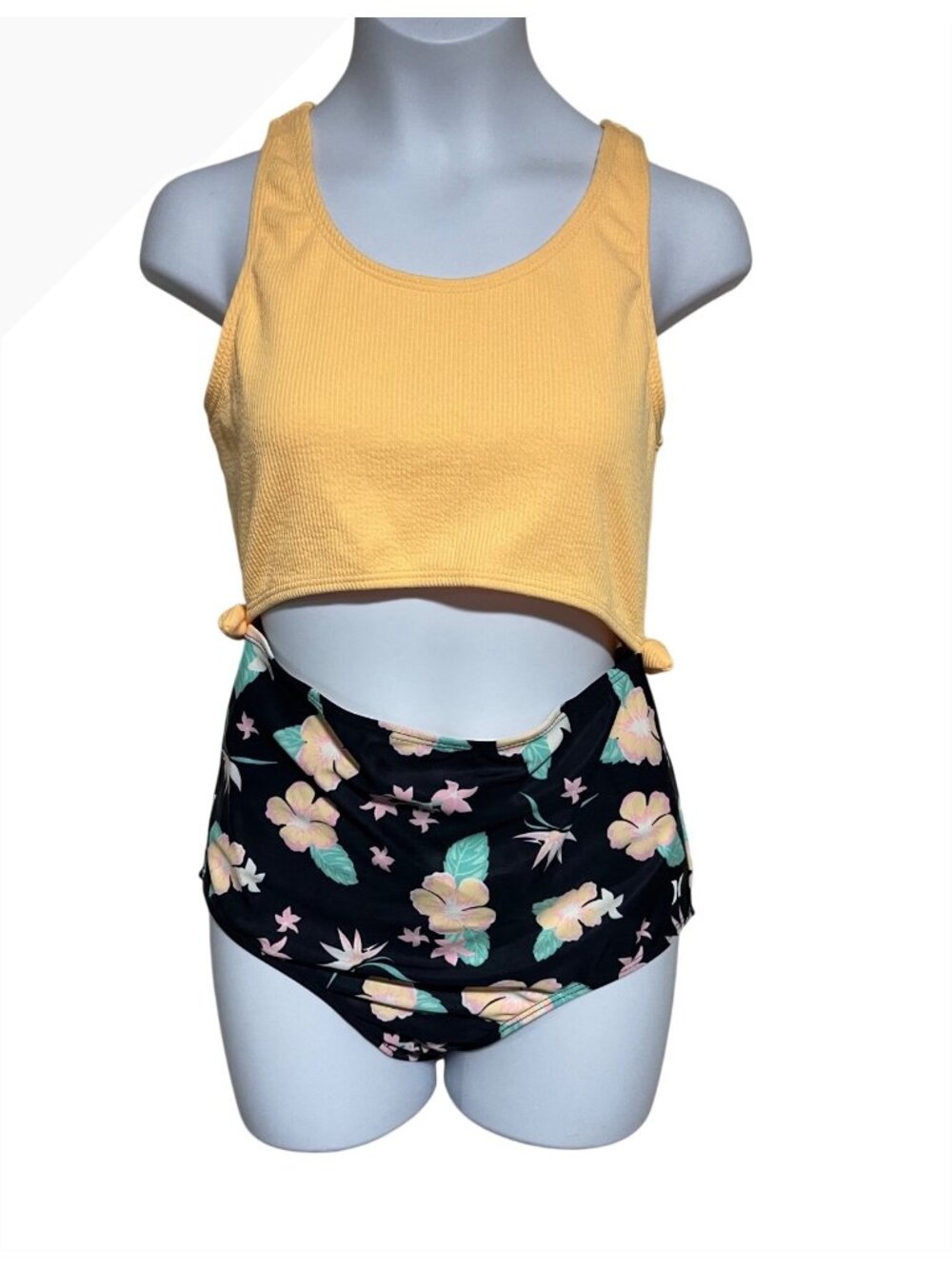Hurley 1-Piece Girls Kids Swimsuit Size 14 Yellow Floral Cut Out Mid Section